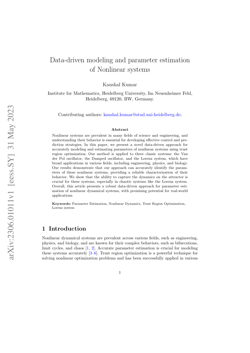 Pdf Data Driven Modeling And Parameter Estimation Of Nonlinear Systems