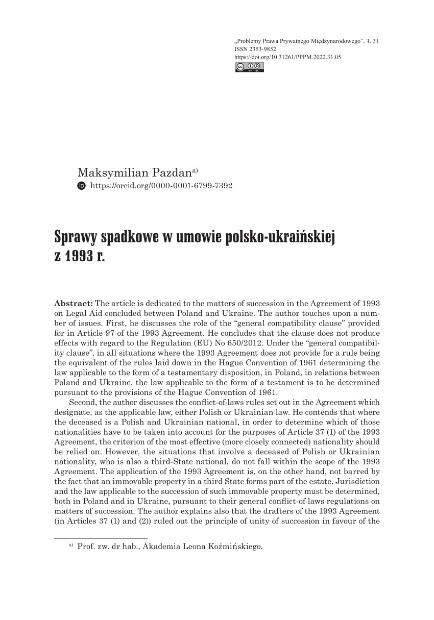 Pdf Sprawy Spadkowe W Umowie Polsko Ukraińskiej Z 1993 R 4517