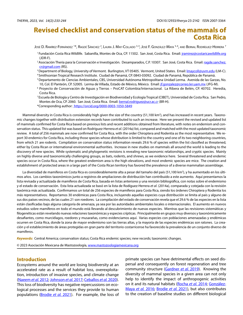 (PDF) Revised checklist and conservation status of the mammals of Costa