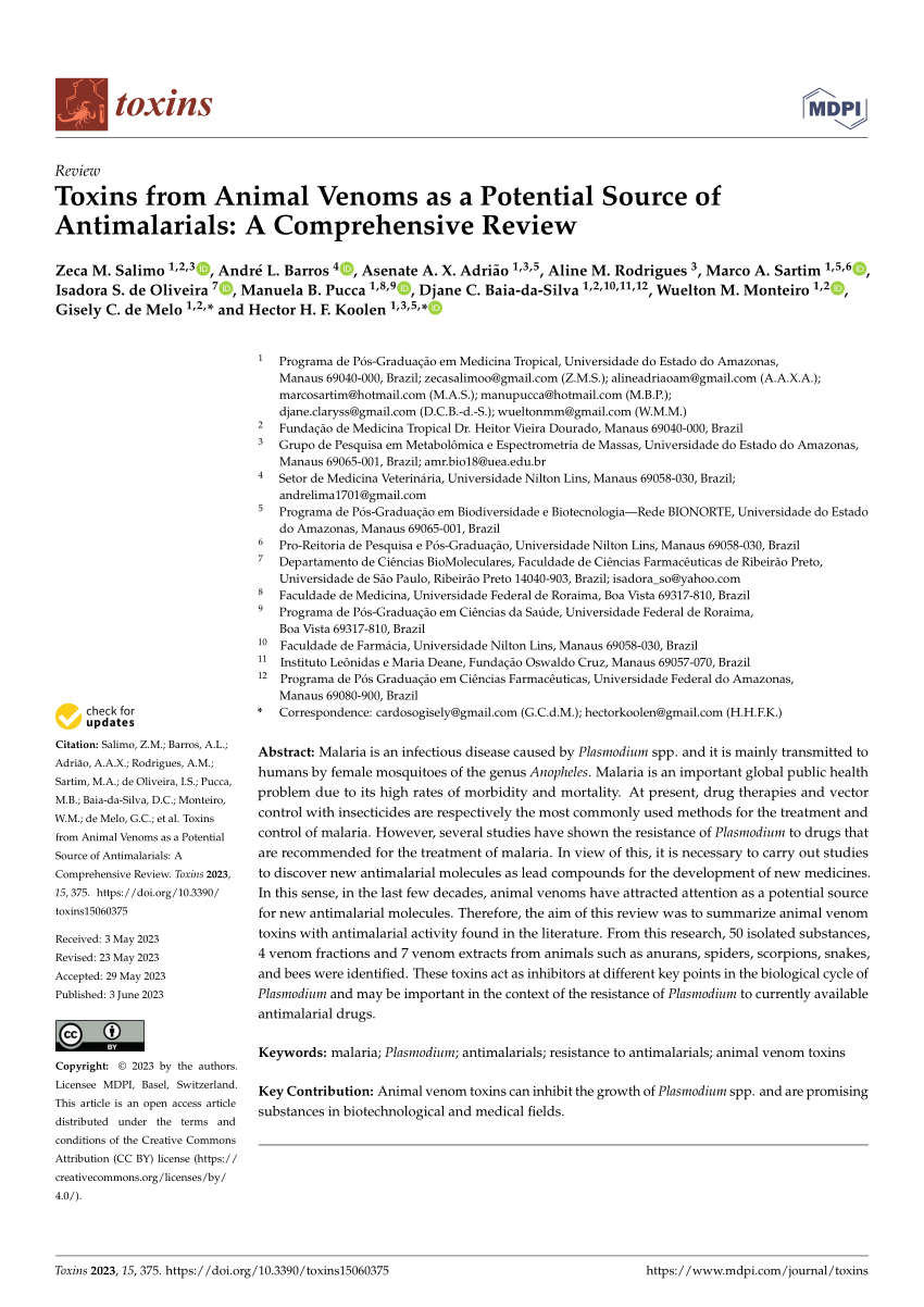 (PDF) Toxins from Animal Venoms as a Potential Source of Antimalarials