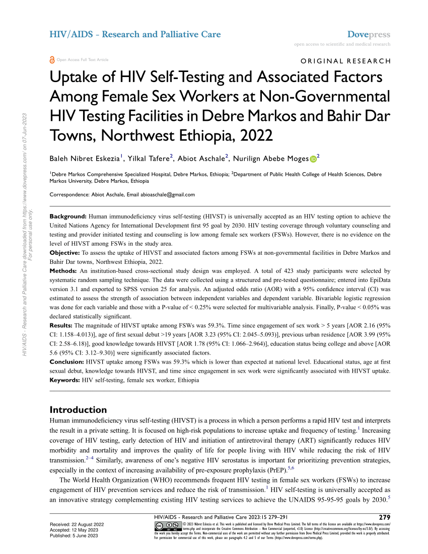 Pdf Uptake Of Hiv Self Testing And Associated Factors Among Female Sex Workers At Non 