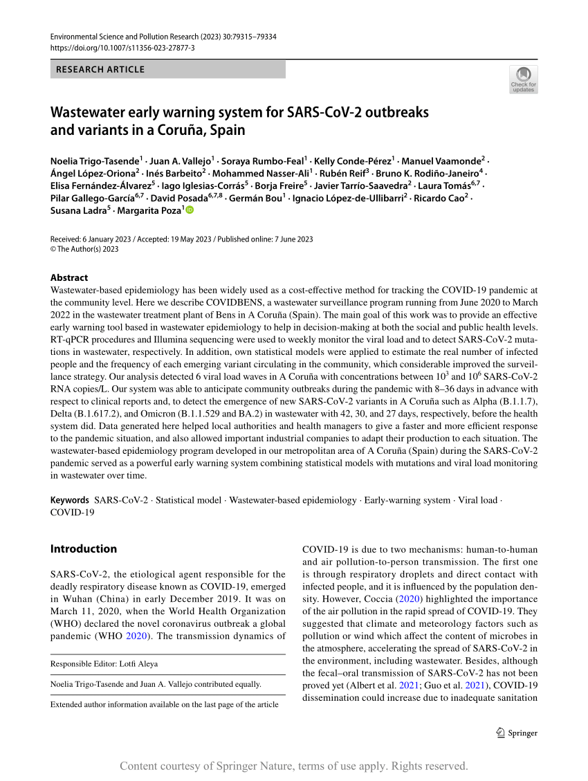 PDF) Wastewater early warning system for SARS-CoV-2 outbreaks and variants  in a Coruña, Spain