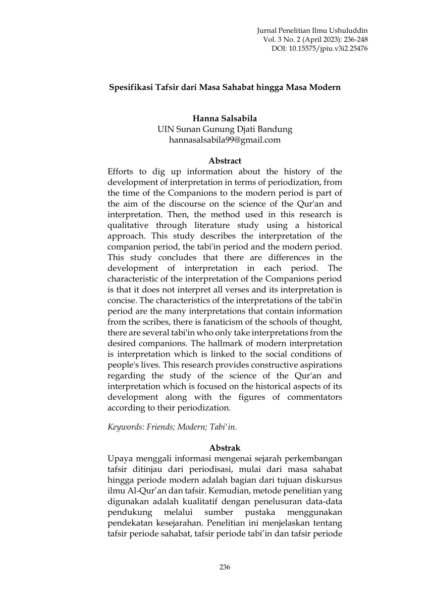 (PDF) Spesifikasi Tafsir dari Masa Sahabat hingga Masa Modern