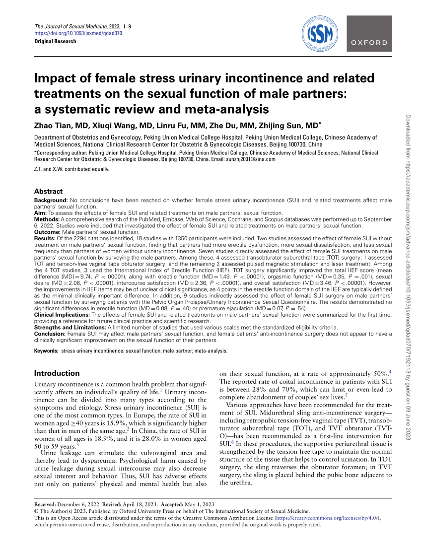 Pdf Impact Of Female Stress Urinary Incontinence And Related Treatments On The Sexual Function 