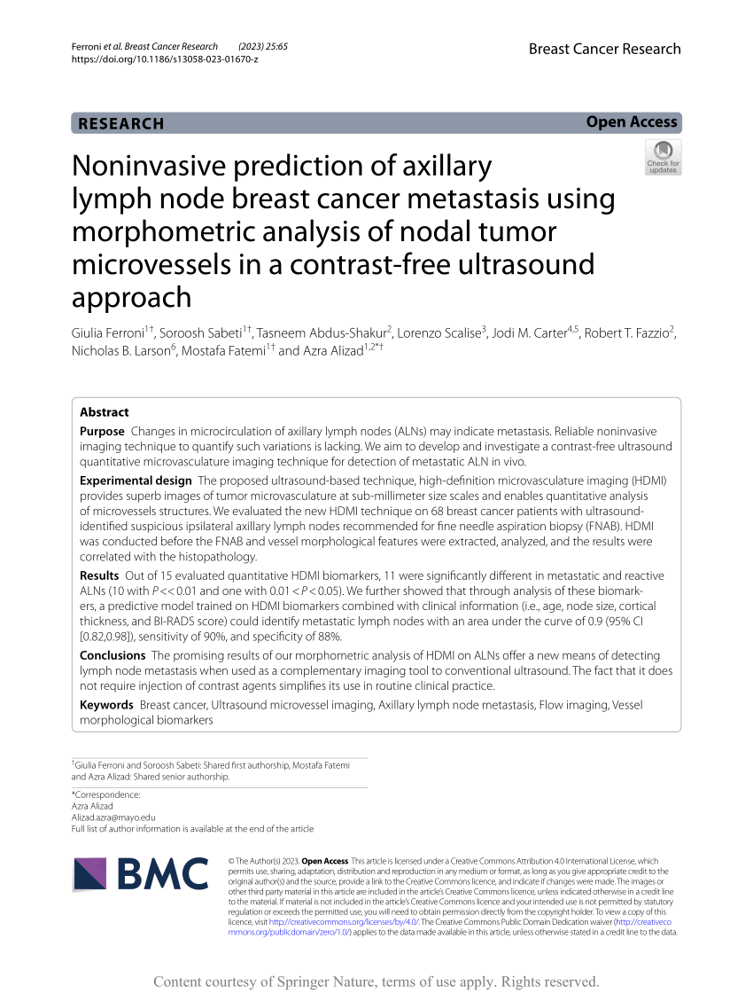 Pdf Noninvasive Prediction Of Axillary Lymph Node Breast Cancer Metastasis Using Morphometric 