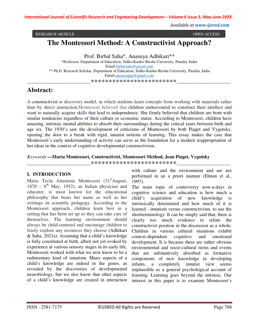 PDF The Montessori Method A Constructivist Approach