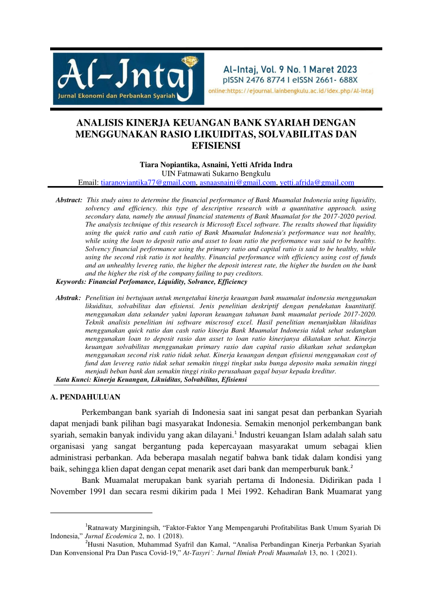 Pdf Analisis Kinerja Keuangan Bank Syariah Dengan Menggunakan Rasio Likuiditas Solvabilitas 9575