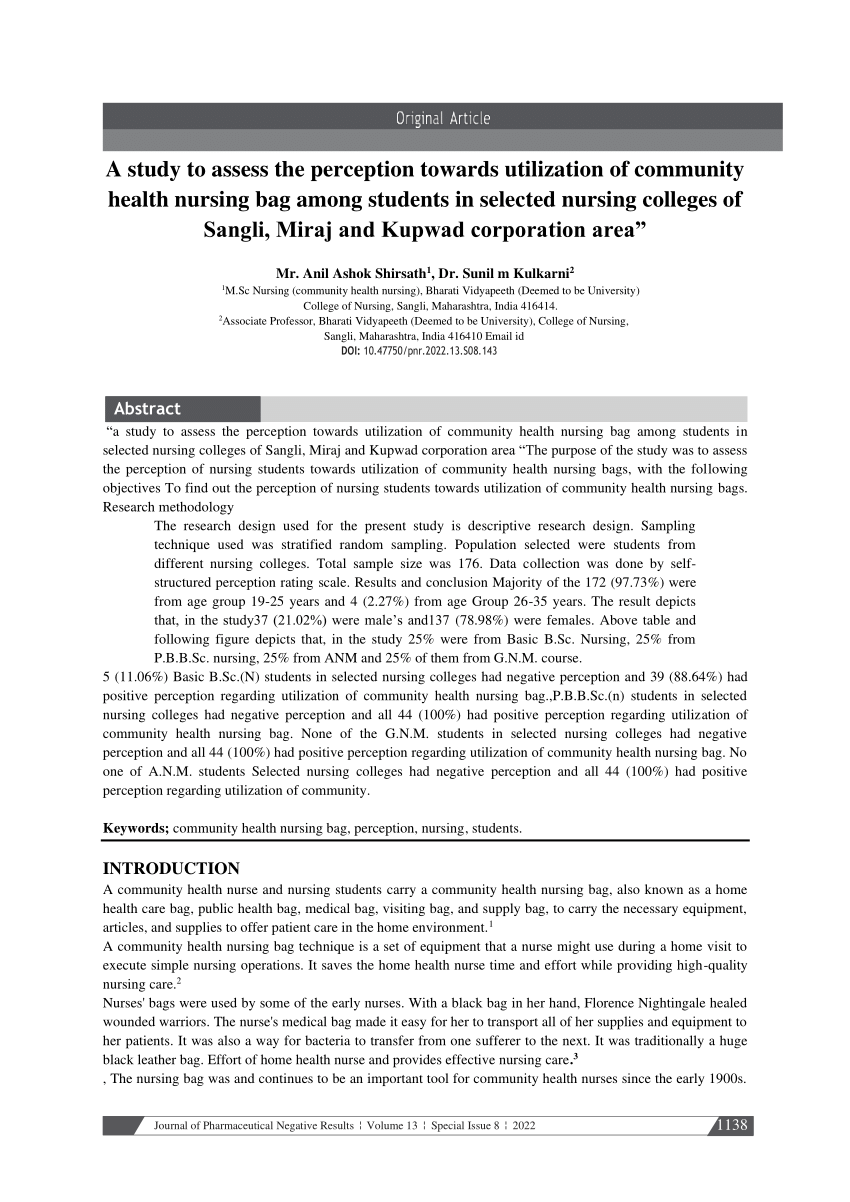 PDF) A study to assess the perception towards utilization of community  health nursing bag among students in selected nursing colleges of Sangli,  Miraj and Kupwad corporation area