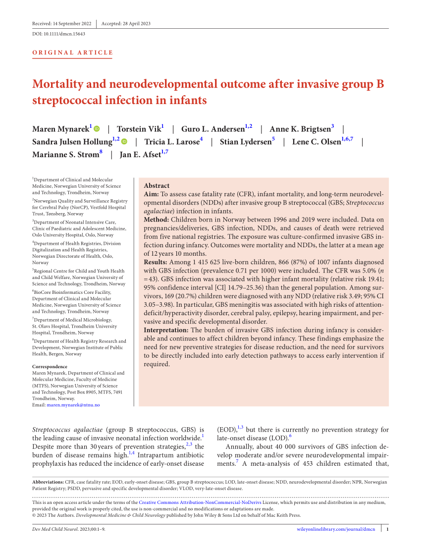 (PDF) Mortality and neurodevelopmental outcome after invasive group B ...
