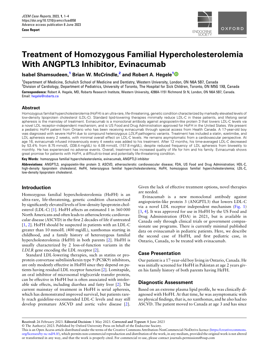 Pdf Treatment Of Homozygous Familial Hypercholesterolemia With Angptl3 Inhibitor Evinacumab 5769