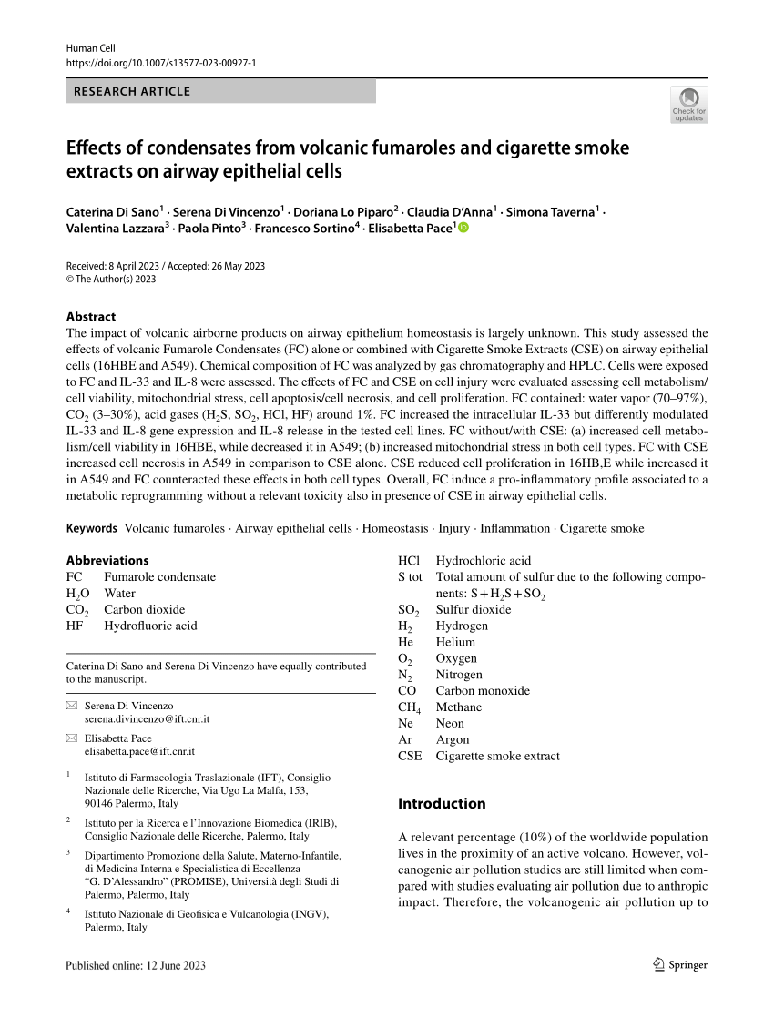 (PDF) Effects of condensates from volcanic fumaroles and cigarette