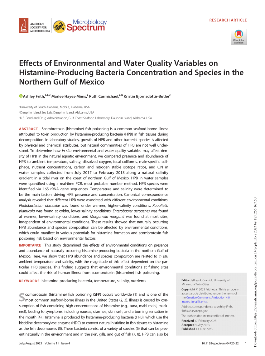 (PDF) Effects of Environmental and Water Quality Variables on Histamine ...