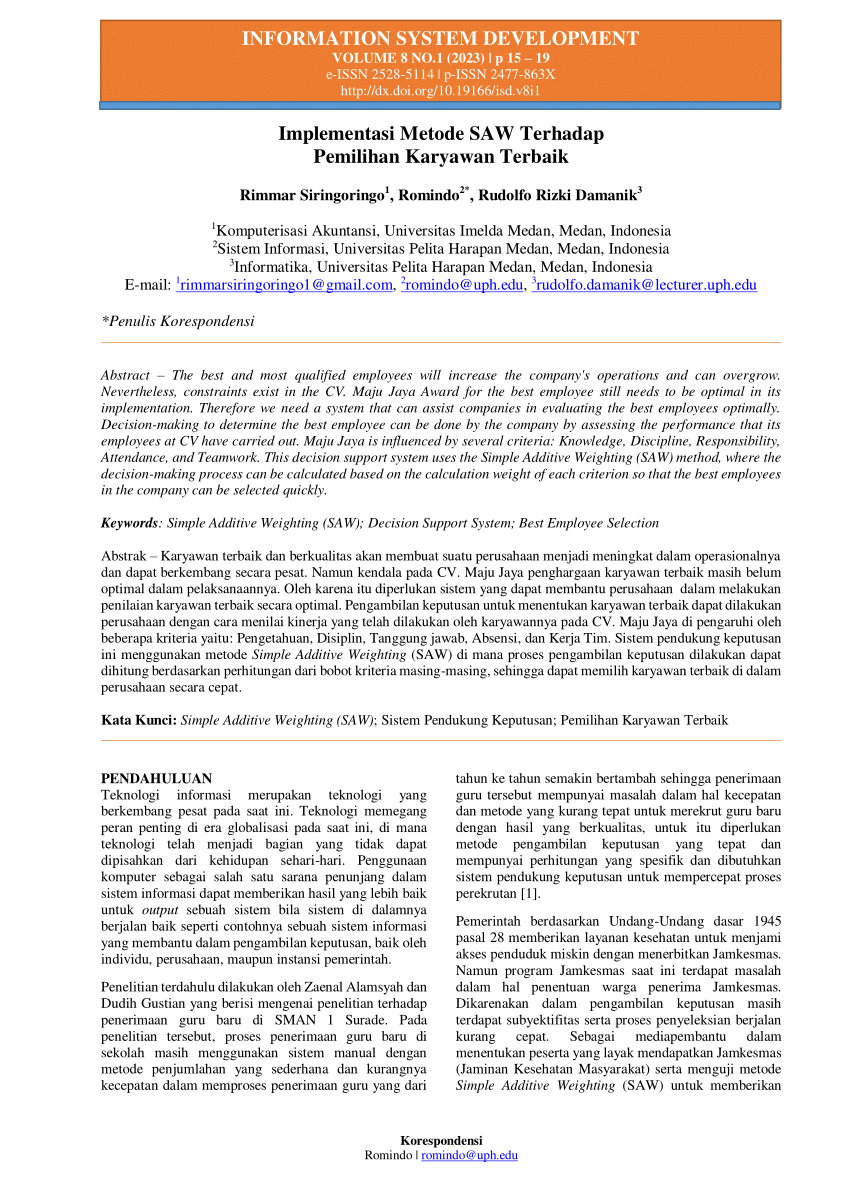 Pdf Implementasi Metode Saw Terhadap Pemilihan Karyawan Terbaik