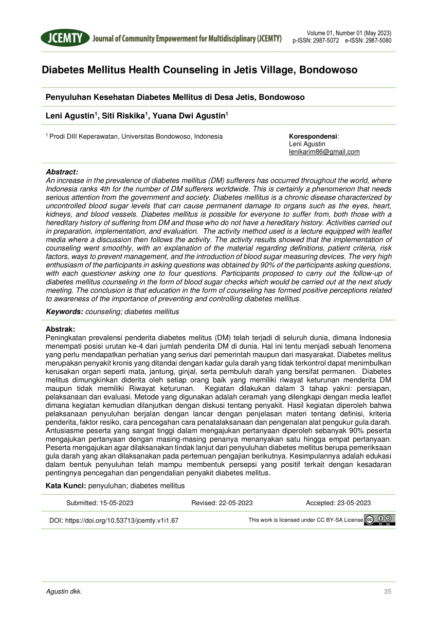 Pdf Diabetes Mellitus Health Counseling In Jetis Village Bondowoso