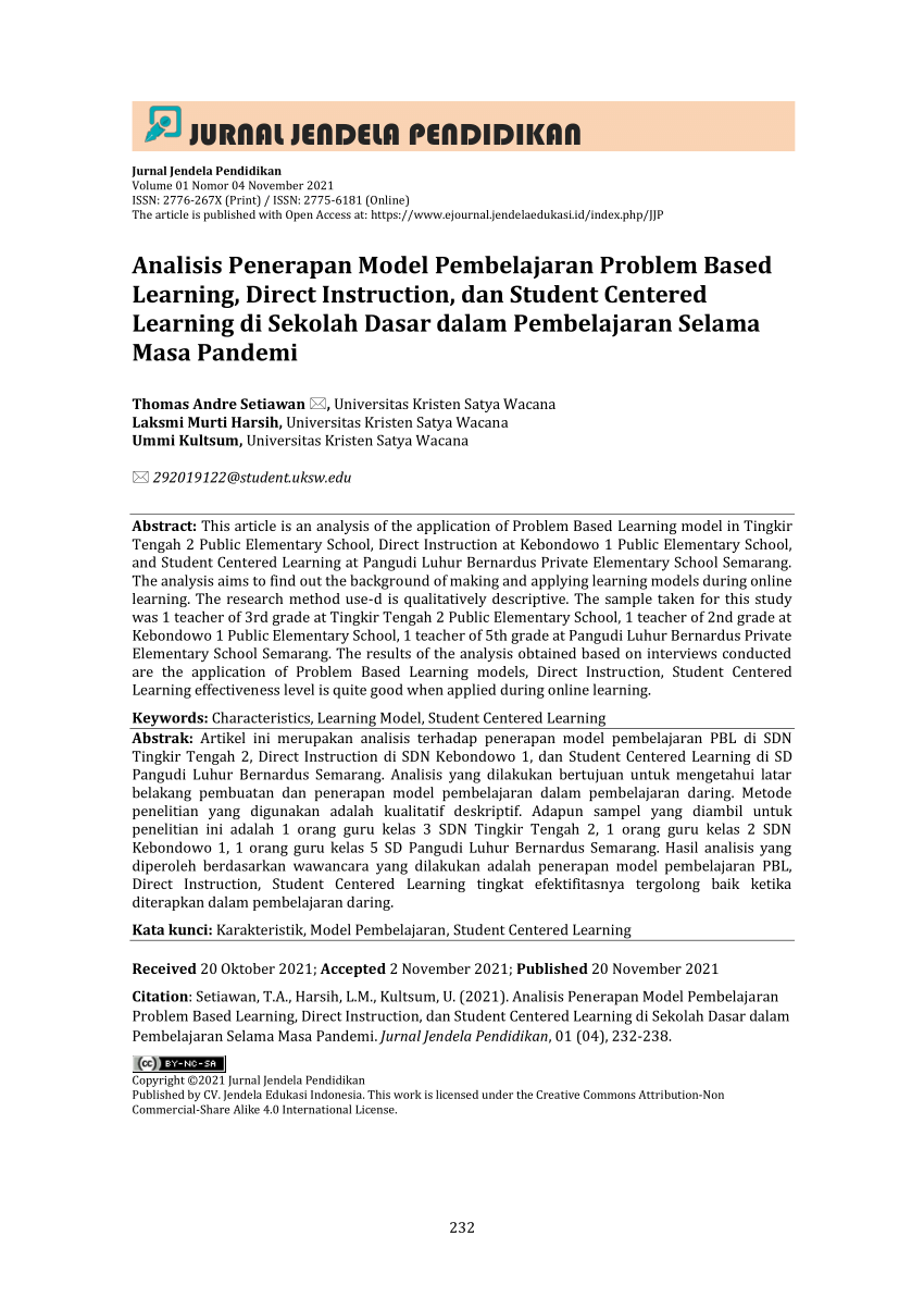 Pdf Analisis Penerapan Model Pembelajaran Problem Based Learning Direct Instruction Dan 9716
