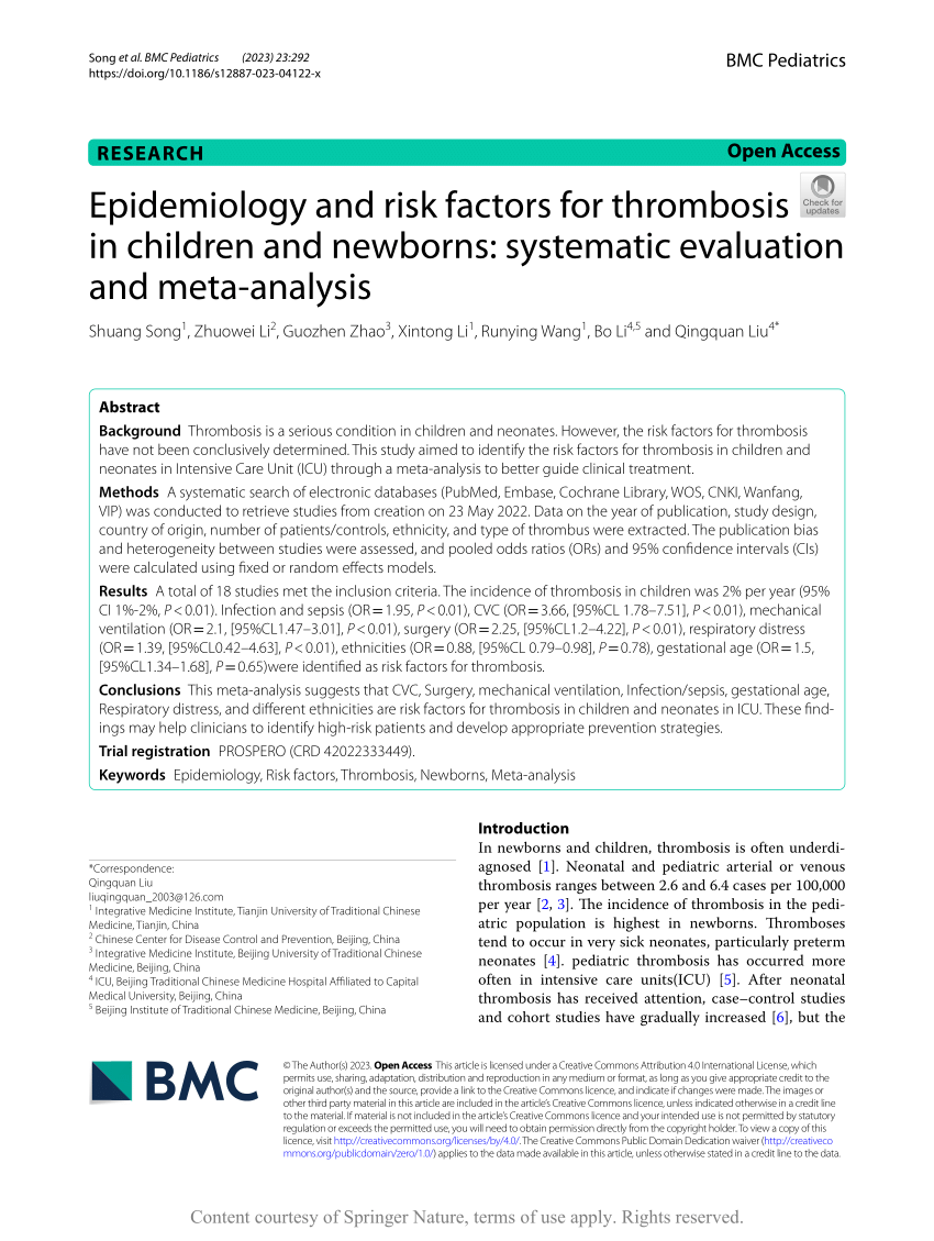 (PDF) Epidemiology and risk factors for thrombosis in children and