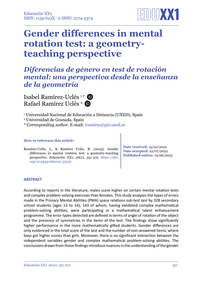 Pdf Gender Differences In Mental Rotation Test A Geometry Teaching Perspective Mental Una 8421