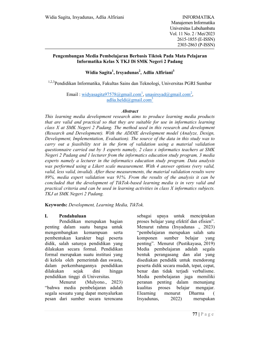 Pdf Pengembangan Media Pembelajaran Berbasis Tiktok Pada Mata Pelajaran Informatika Kelas X 9685