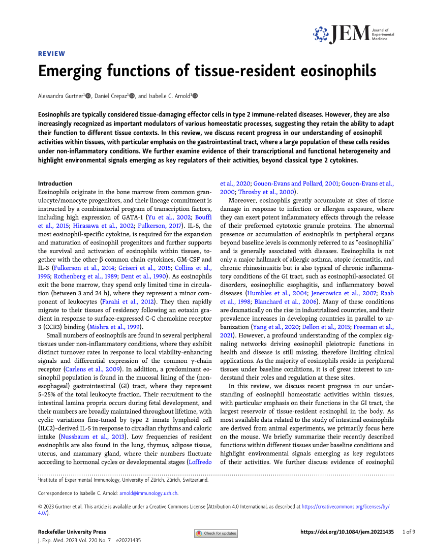 PDF) Emerging functions of tissue-resident eosinophils