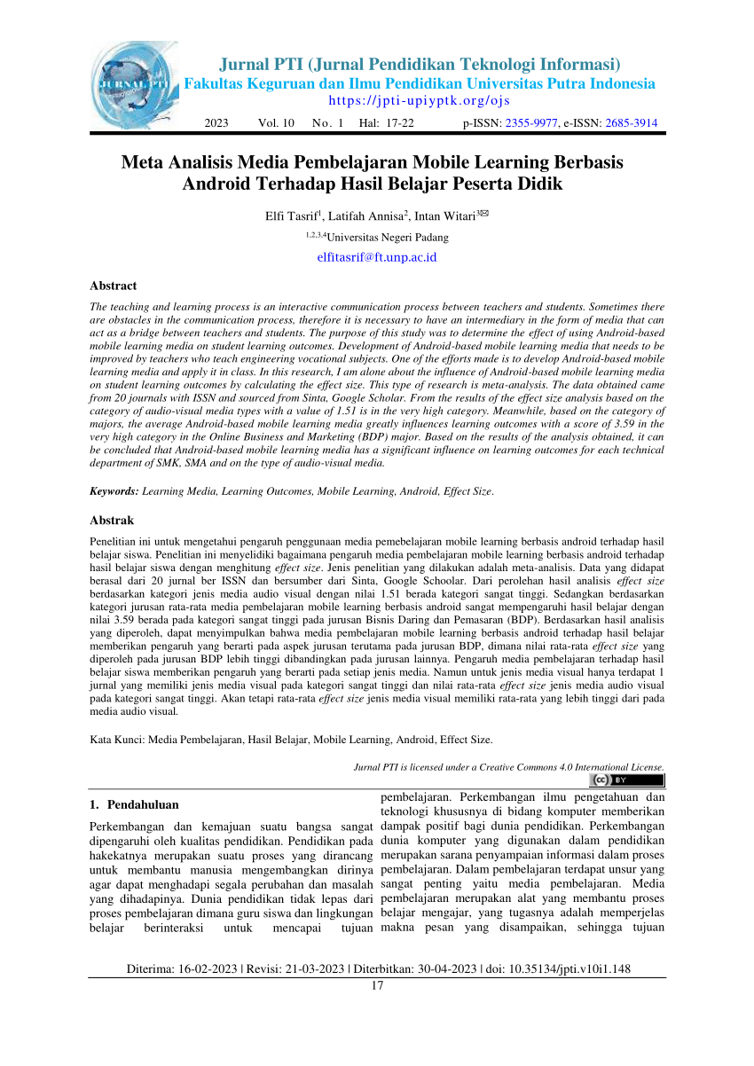 Pdf Meta Analisis Media Pembelajaran Mobile Learning Berbasis Android Terhadap Hasil Belajar 7054