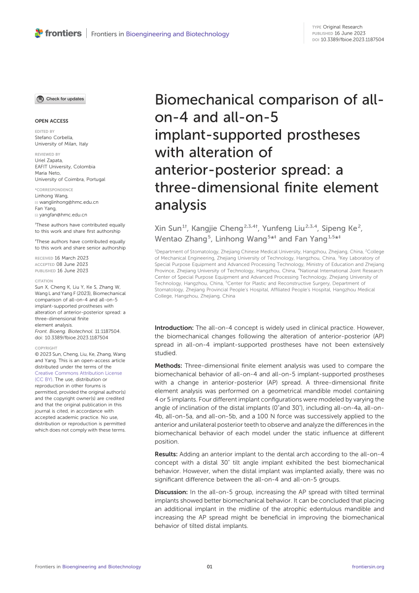 Biomechanical comparison of different prosthetic materials and posterior  implant angles in all-on-4 treatment concept by three-dimensional finite  element analysis