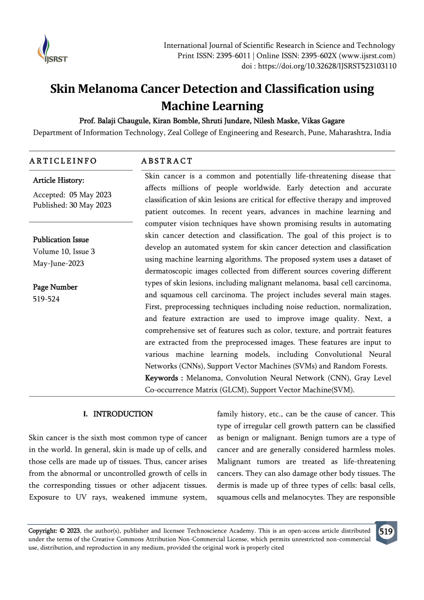 Pdf Skin Melanoma Cancer Detection And Classification Using Machine Learning 