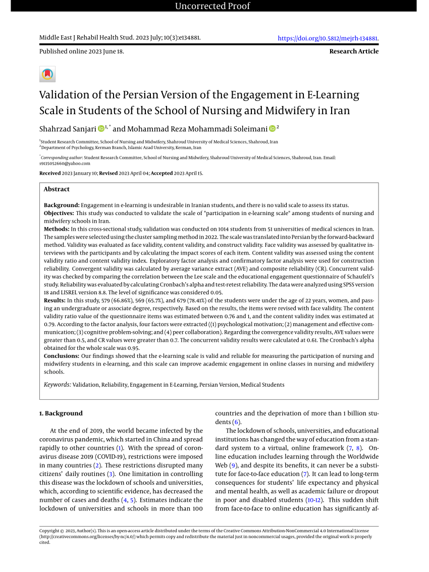 (PDF) Validation of the Persian Version of the Engagement in ELearning