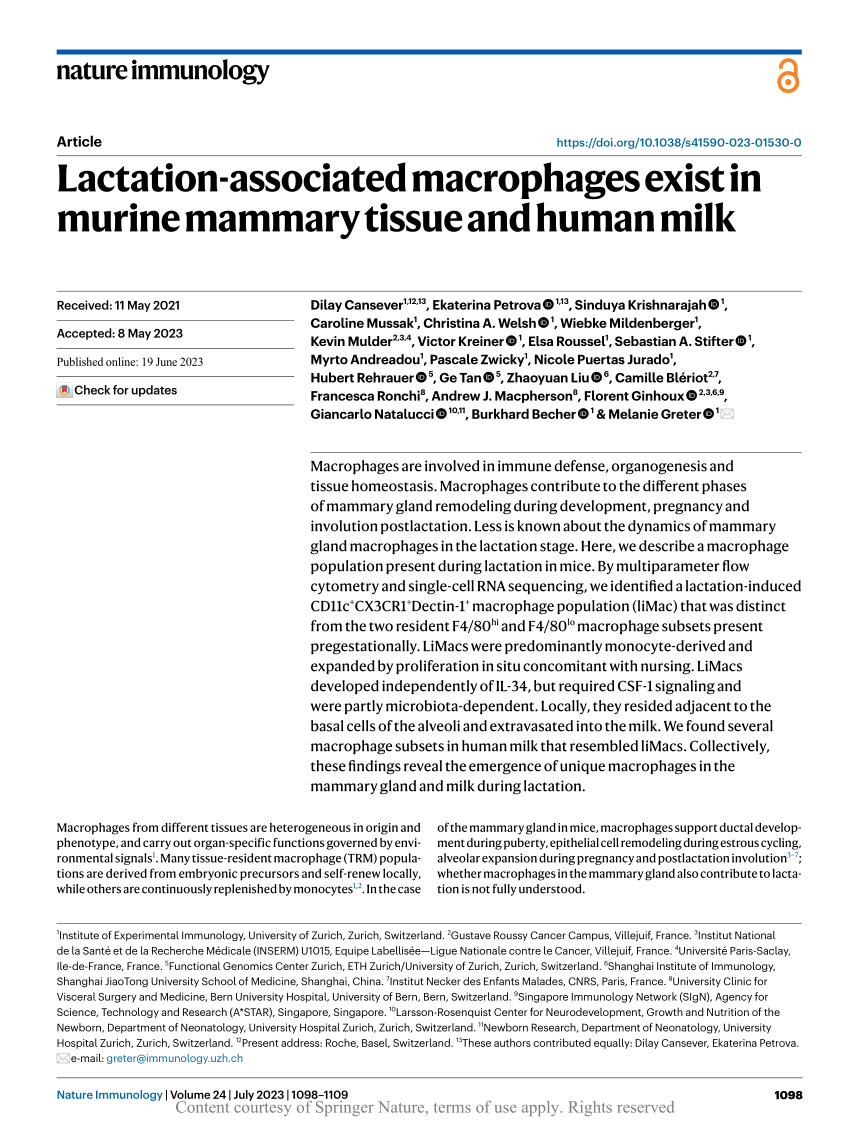 Pdf Lactation Associated Macrophages Exist In Murine Mammary Tissue And Human Milk 