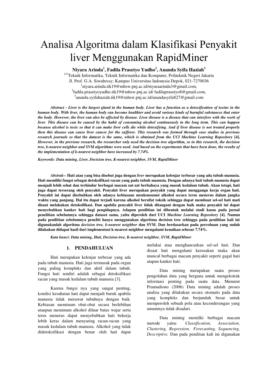 (PDF) Analisa Algoritma dalam Klasifikasi Penyakit liver Menggunakan