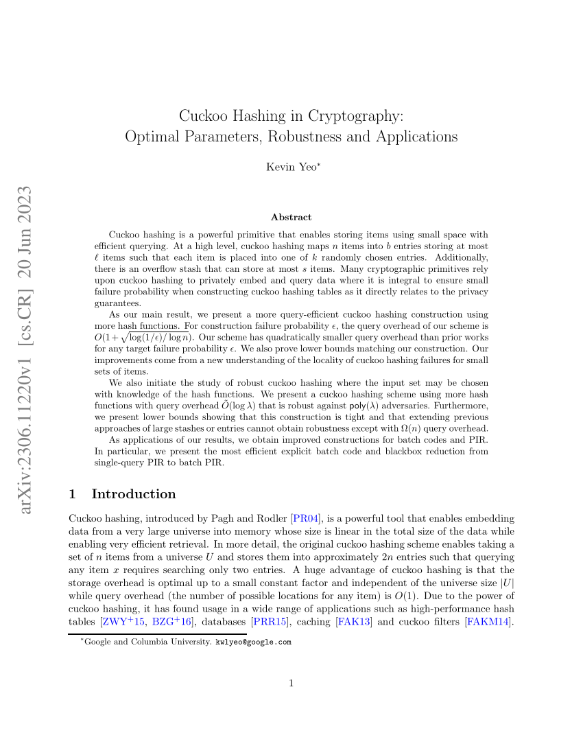 (PDF) Cuckoo Hashing in Cryptography Optimal Parameters, Robustness