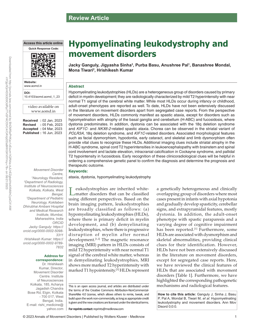 (PDF) Hypomyelinating leukodystrophy and movement disorders