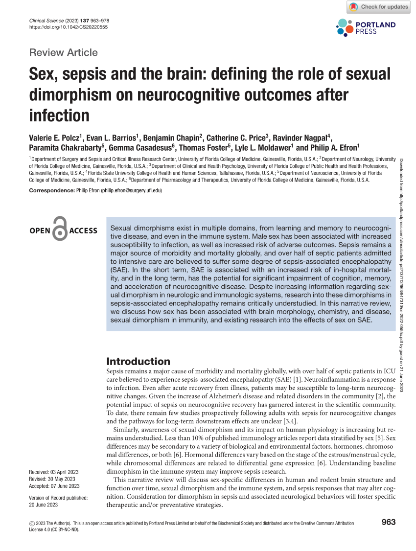 Pdf Sex Sepsis And The Brain Defining The Role Of Sexual Dimorphism