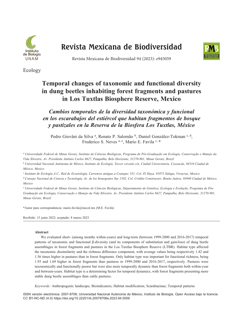 Temporal changes of taxonomic and functional diversity in dung beetles  inhabiting forest fragments and pastures in Los Tuxtlas Biosphere Reserve,  Mexico - Revista Mexicana de Biodiversidad