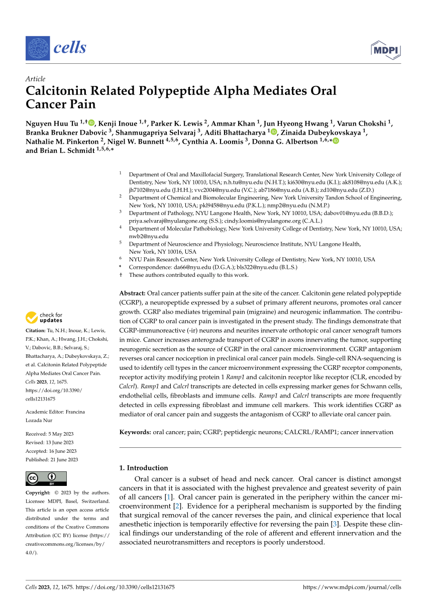 (PDF) Calcitonin Related Polypeptide Alpha Mediates Oral Cancer Pain