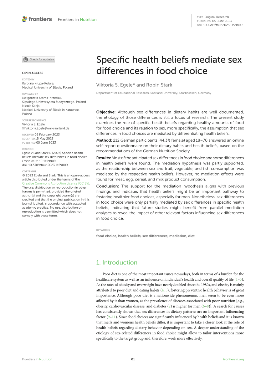 PDF) Specific health beliefs mediate sex differences in food choice