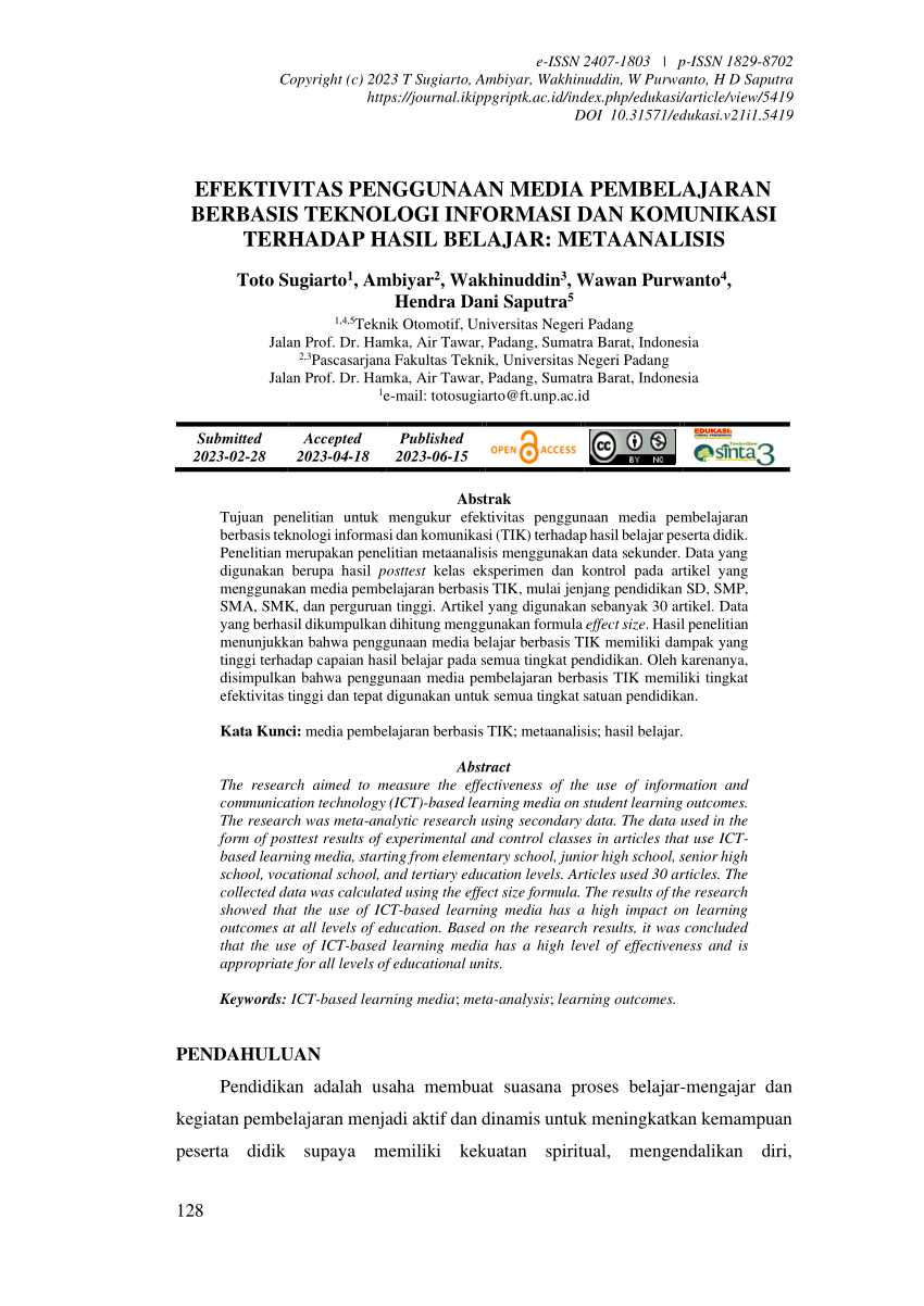 Pdf Efektivitas Penggunaan Media Pembelajaran Berbasis Teknologi Informasi Dan Komunikasi 6167