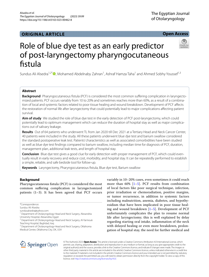 (PDF) Role of blue dye test as an early predictor of postlaryngectomy