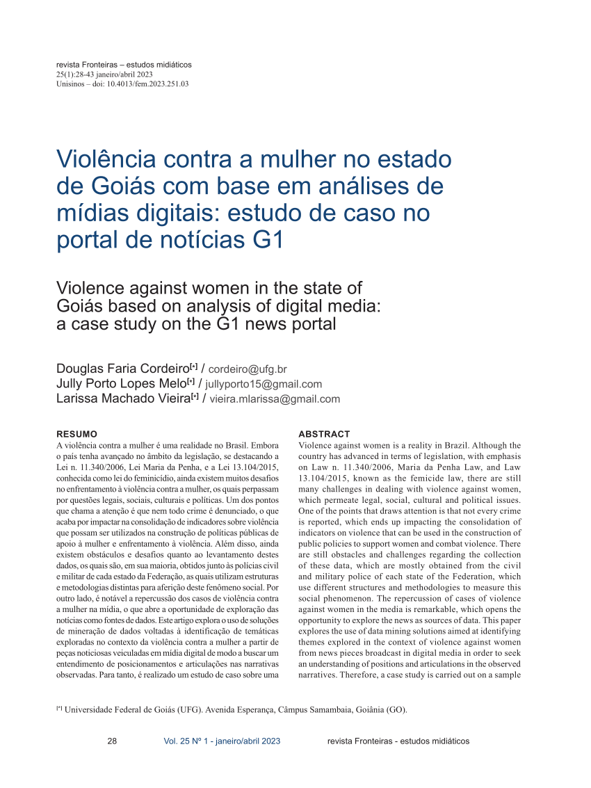 PDF) Violência contra a mulher no estado de Goiás com base em análises de mídias digitais estudo de caso no portal de notícias G1