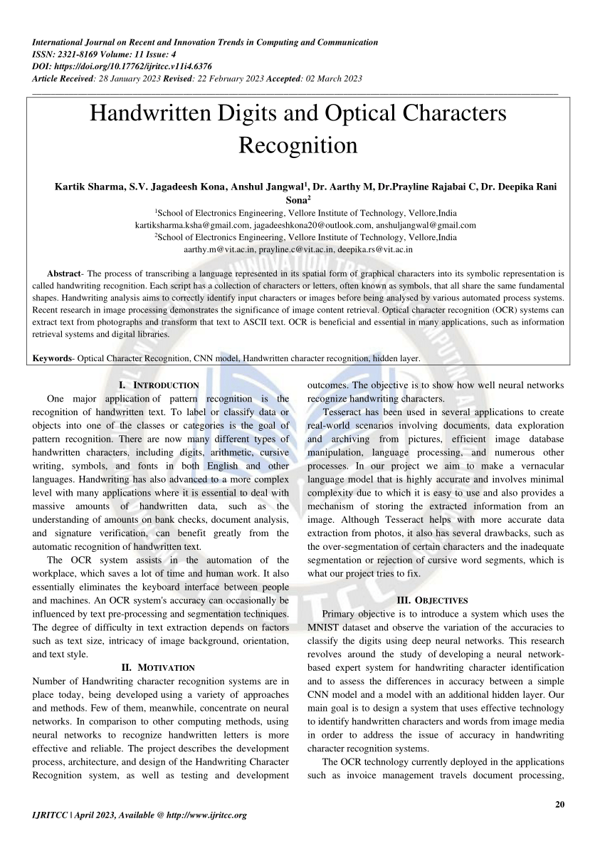 Pdf Handwritten Digits And Optical Characters Recognition