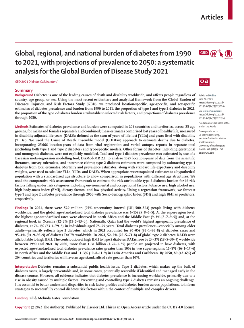 Global, regional, and national burden of diabetes from 1990 to 2021, with  projections of prevalence to 2050: a systematic analysis for the Global  Burden of Disease Study 2021 - The Lancet