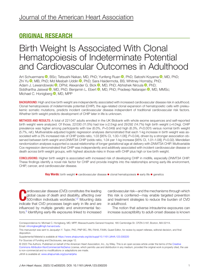 PDF) Birth Weight Is Associated With Clonal Hematopoiesis of