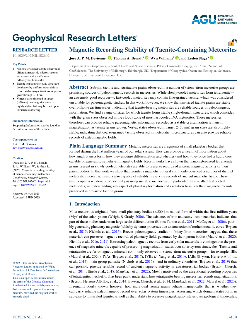 (PDF) Magnetic Recording Stability of Taenite‐Containing Meteorites