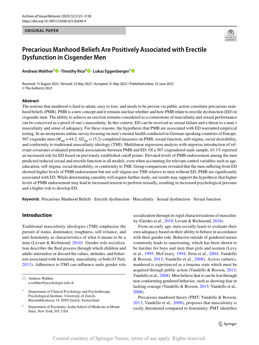 PDF Precarious Manhood Beliefs Are Positively Associated with