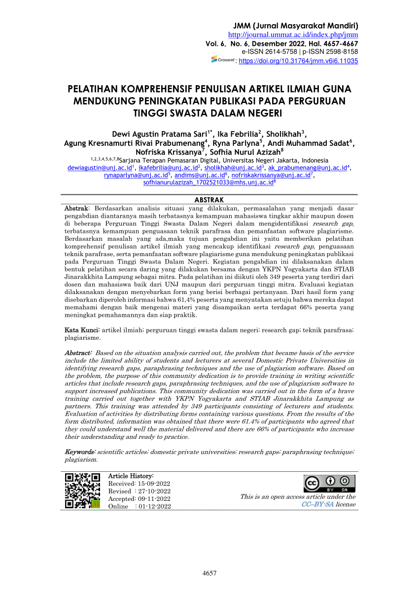 Pdf Pelatihan Komprehensif Penulisan Artikel Ilmiah Guna Mendukung Peningkatan Publikasi Pada 5320