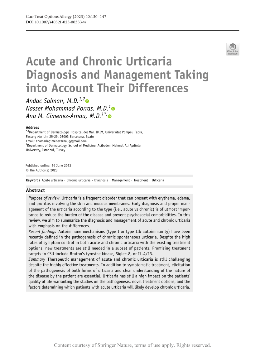 Pdf Acute And Chronic Urticaria Diagnosis And Management Taking Into Account Their Differences