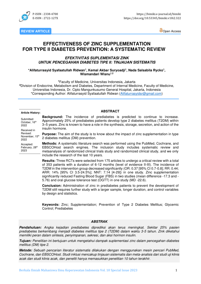 PDF) EFFECTIVENESS OF ZINC SUPPLEMENTATION FOR TYPE II DIABETES PREVENTION:  A SYSTEMATIC REVIEW