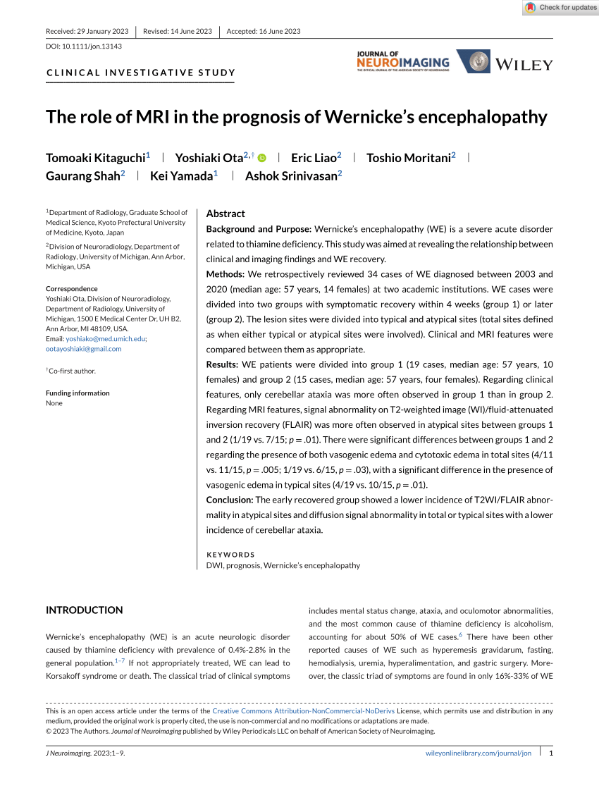 (PDF) The role of MRI in the prognosis of Wernicke's encephalopathy