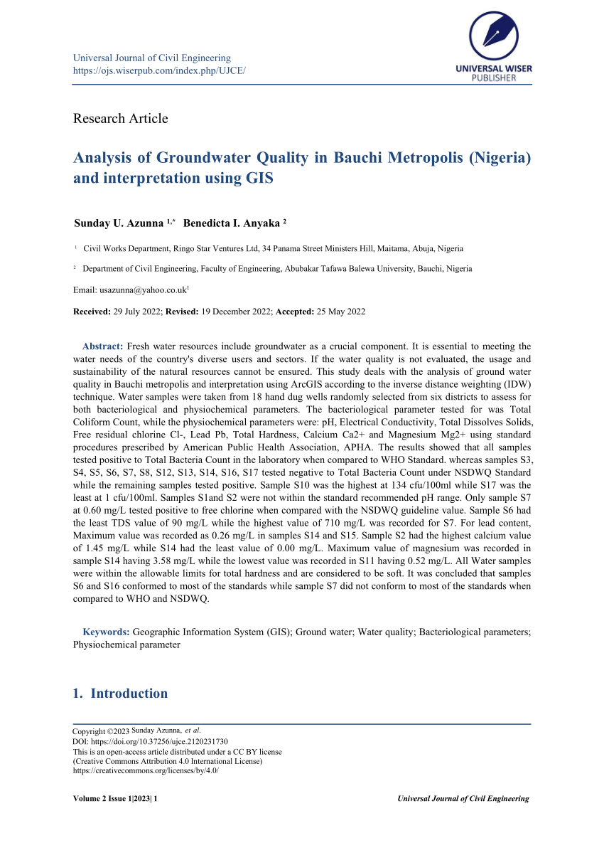 PDF) Analysis of Groundwater Quality in Bauchi Metropolis (Nigeria) and interpretation using GIS