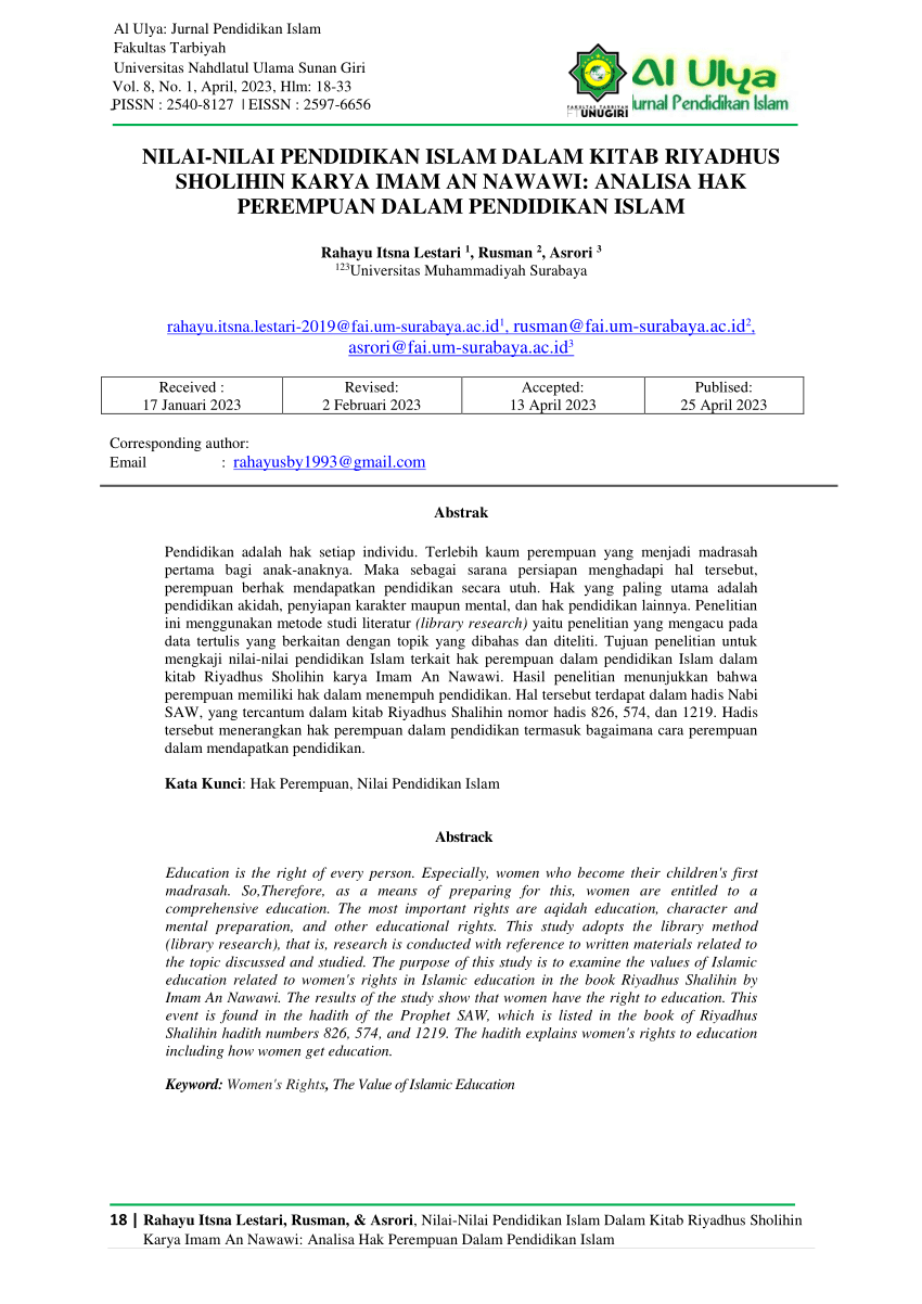 Pdf Nilai Nilai Pendidikan Islam Dalam Kitab Riyadhus Sholihin Karya