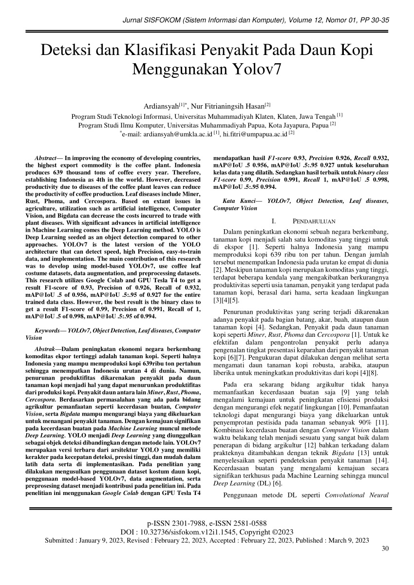 Pdf Deteksi Dan Klasifikasi Penyakit Pada Daun Kopi Menggunakan Yolov7 4246